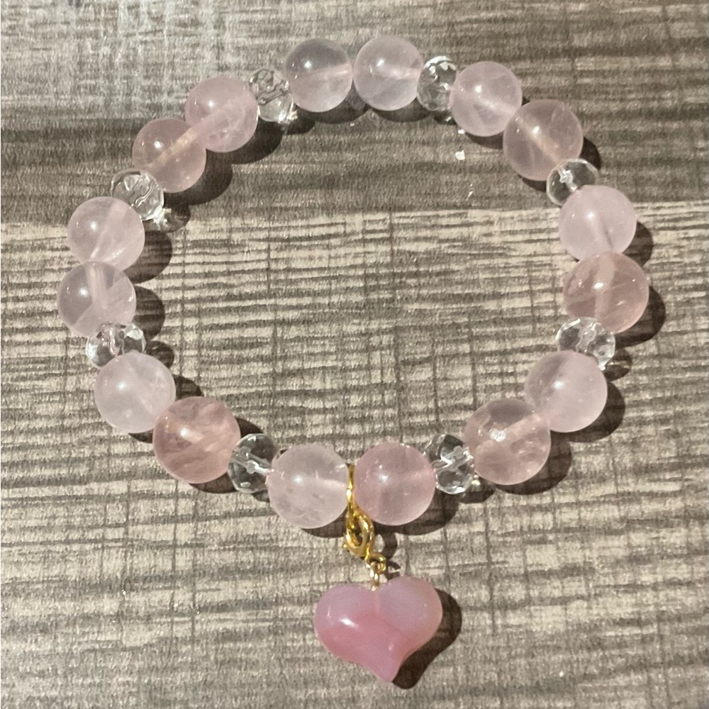 Hand Crafted Rose Quartz Crystal Bracelet with Heart Charm
